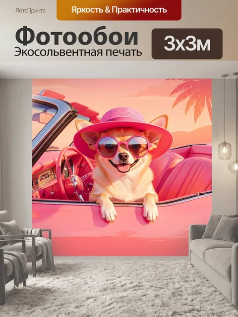 Фотообои Корги в розовом кабриолете