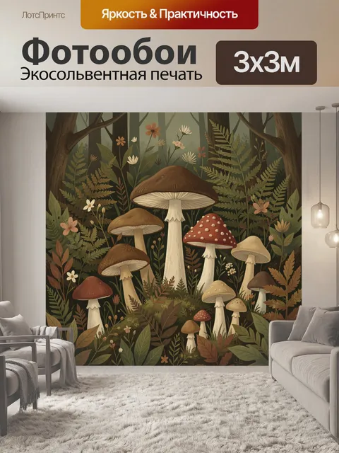 Фотообои Лесные грибы среди папоротников