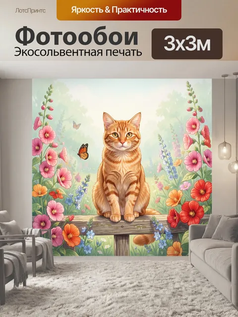 Фотообои Рыжий кот среди полевых цветов