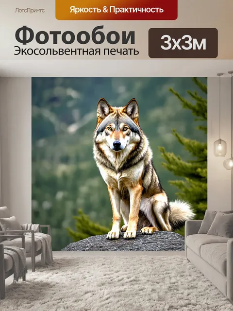 Фотообои волк, сидящий на скале, его шерсть развивается на ветру, а взгляд полон мудрости и силы