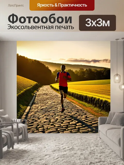 Фотообои бегун, тренирующийся на старинной мостовой дороги, окруженный полями и лесами, подниматься на холм при закате