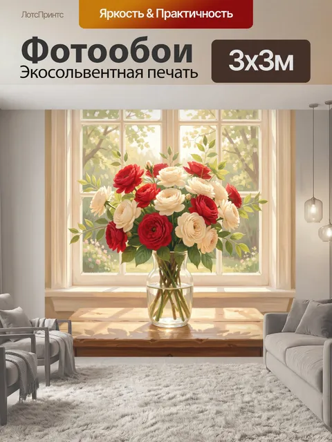 Фотообои Красные и белые розы у окна