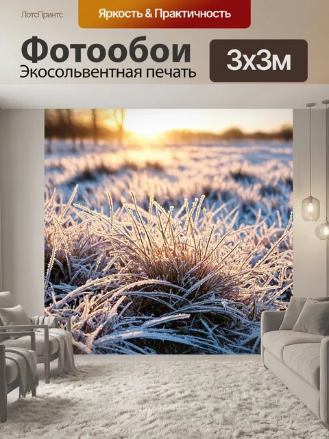 Фотообои пейзаж в художественном стиле, морозное утро с инеем на траве и солнечными лучами