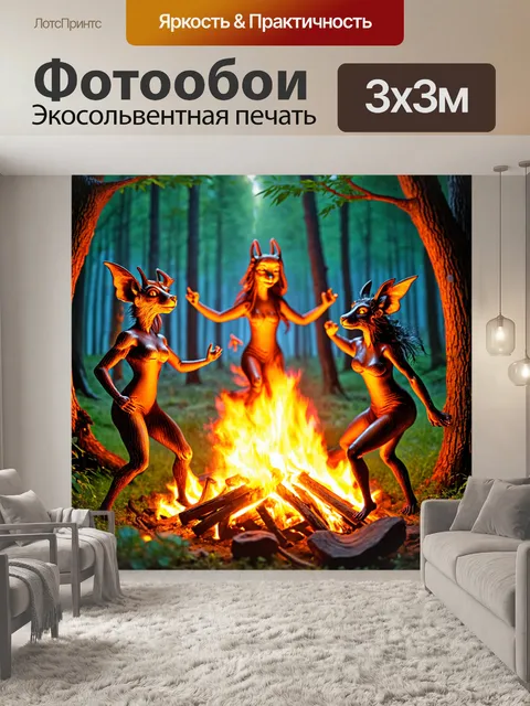Фотообои в стиле фэнтези с лесными духами и сказочными существами, танцующими вокруг огня