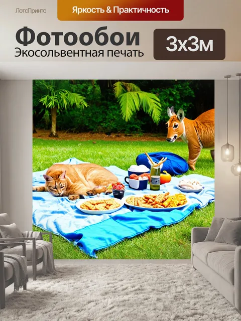 Фотообои тропический пикник на траве, одеяла, закуски, игривые животные рядом, смех друзей, наслаждение моментом