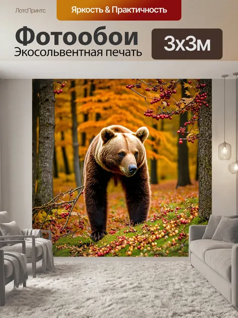 Фотообои мишка, собирающий ягоды в лесу осенью