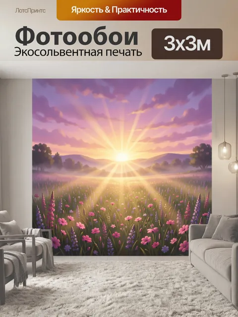 Фотообои Рассвет над цветочным лугом