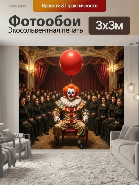 Фотообои На изображении изображён зловещий клоун с ярко-рыжими волосами и белым макияжем с синими и красными акцентами