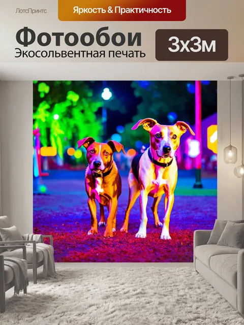 Фотообои животные в стиле неоновый, веселые собаки, играющие в неоновом парке