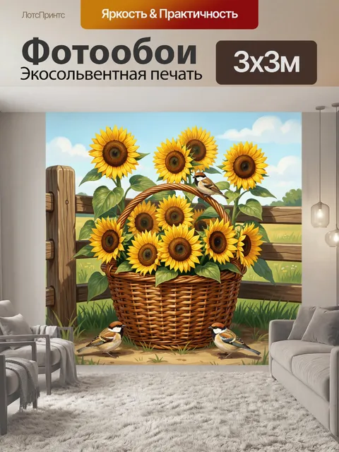 Фотообои Корзина с подсолнухами и птицами