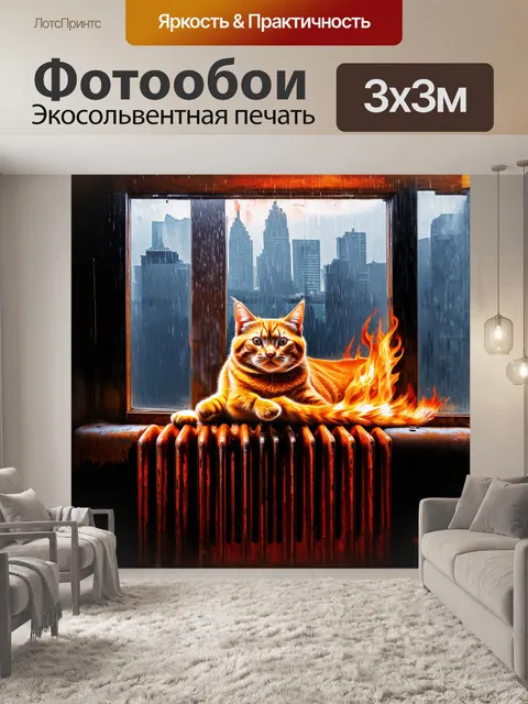 Фотообои на фоне холодного, серого городского пейзажа, кошка с огненной рыжей шерстью греется на старом, ржавом…