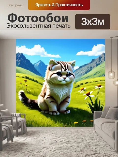 Фотообои манул, наблюдающий за далекими горами, окруженный зеленым лугом и яркими цветами