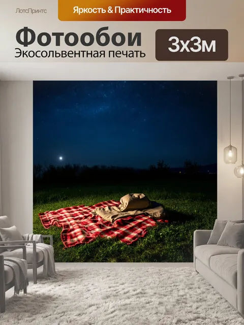 Фотообои ночь в стиле неоромантизм, площадка для пикника с пледом, местом для отдыха в лунном сиянии