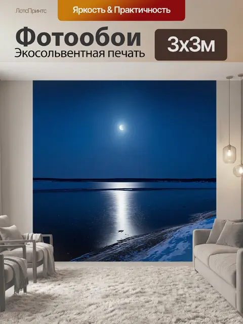 Фотообои зимняя ночь на побережье онежского озера, где снежные хлопья медленно падают на замерзшую поверхность воды