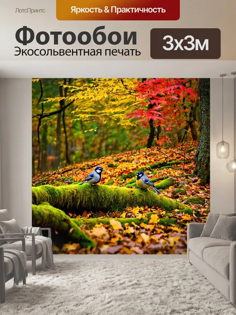 Фотообои густые деревья, мох на корнях, птички весело поют, яркие цвета осени, золотые и красные листья