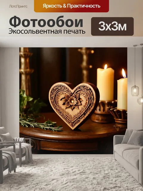 Фотообои сердце, вырезанное из дерева, с изысканными узорами, на старинном столе в окружении свечей и трав