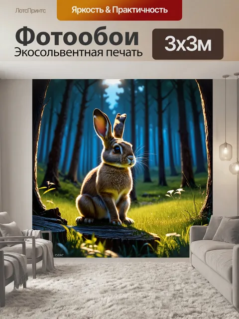 Фотообои тихий вечер в лесу, где кролик сидит на пне, близко наклонившись, чтобы лучше рассмотреть окружающее