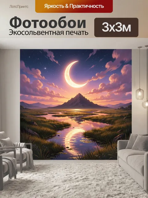 Фотообои Лунный пейзаж с горой и рекой