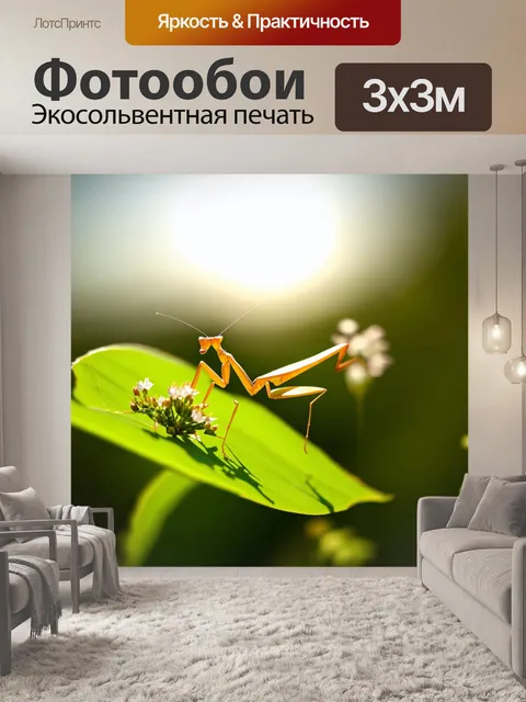 Фотообои на утреннем солнце, богомол восседает на ярком зелёном листе, оглядывая своё окружение