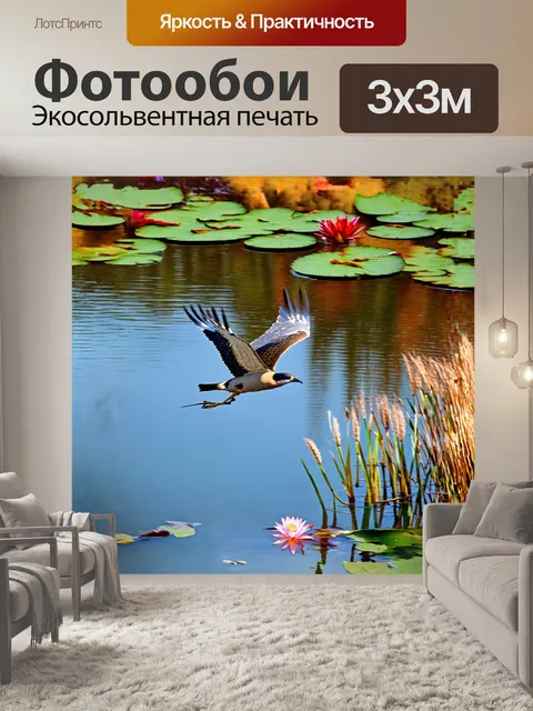Фотообои лунь, грациозная птица с изящными перьями, парит над спокойным озером, отражающим яркие краски окружающей…