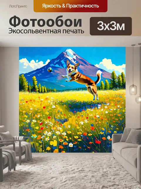 Фотообои поле с дикими цветами на фоне гор, где корги прыгает вокруг с мячом, играя с природой