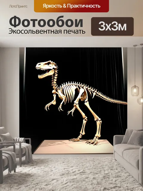 Фотообои скелет динозавра, выставленный в научном музее, на фоне черного бархатного занавеса, освещённый мягким светом