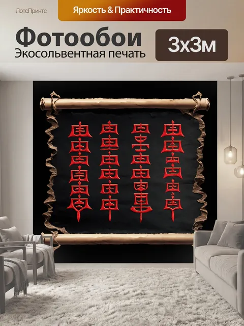 Фотообои чёрный свиток пергамента с красными символами из древнего языка, священный и таинственный