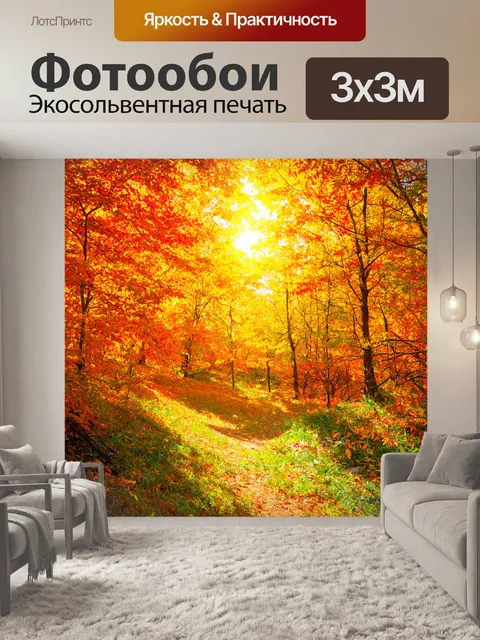 Фотообои пейзаж в стиле плоский, осенний лес с разноцветными листьями и солнцем