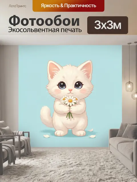 Фотообои Белый котенок с ромашками