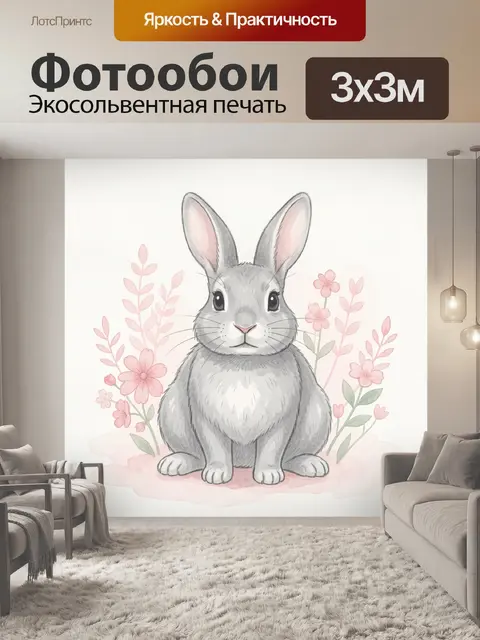 Фотообои Кролик среди розовых цветов