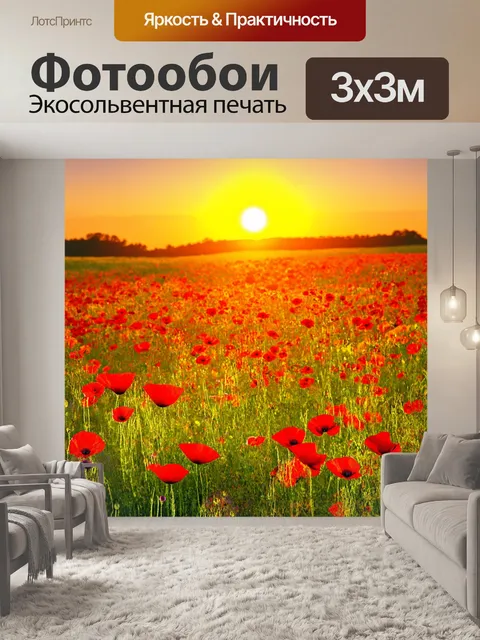 Фотообои пейзаж в стиле раскраска, чарующий закат над полем с маковыми цветами