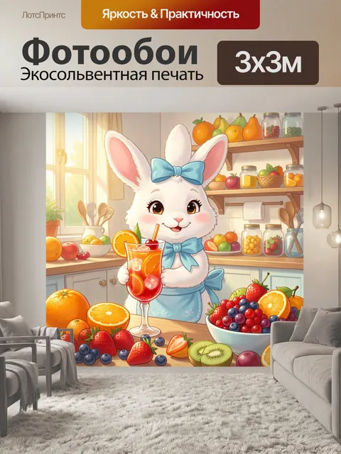Фотообои Белый кролик с коктейлем и фруктами