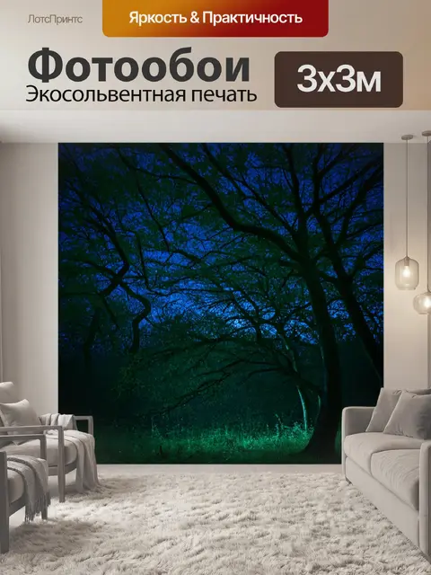 Фотообои ночь в стиле импрессионизм, летний лес, звёзды, пересекающиеся ветви деревьев, мрак, магия ночи