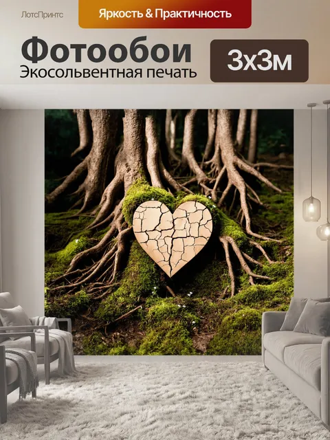 Фотообои сердце, выполненное в виде затерянного артефакта в древнем лесу, окруженное мхами и корнями