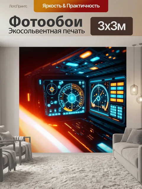 Фотообои создать панель приборов космического корабля, наполненную высокотехнологичными дисплеями и кнопками