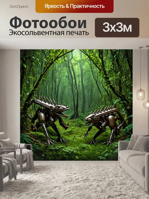 Фотообои лес в стиле стимпанк, чащи с необычными растениями и механическими существами, охраняющими тайны леса
