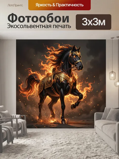 Фотообои Огненный черный конь в броне