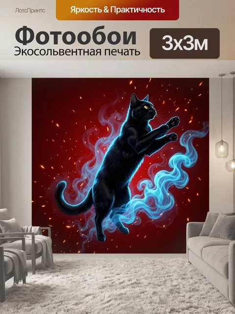 Фотообои Черный кот среди огня и дыма