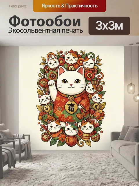 Фотообои Японский манэки-нэко с цветами