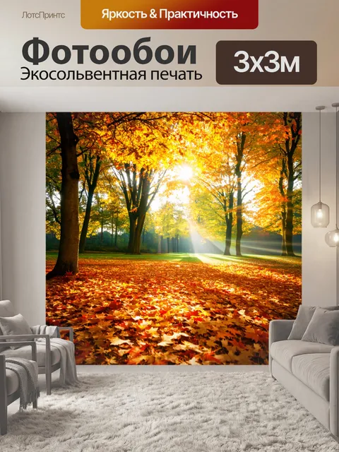 Фотообои светлый фон с яркими осенними листьями, покрывающими землю, и солнечными лучами, пробивающимися сквозь деревья