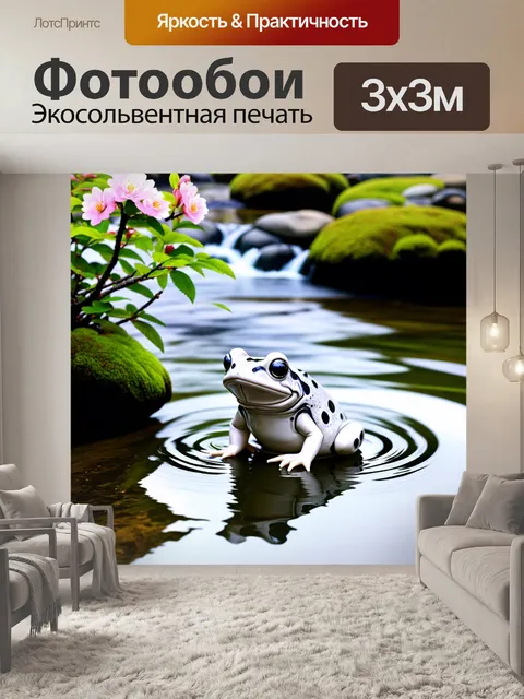 Фотообои в цветущем японском саду на фоне медленно текущей воды расположена фигурка жабы