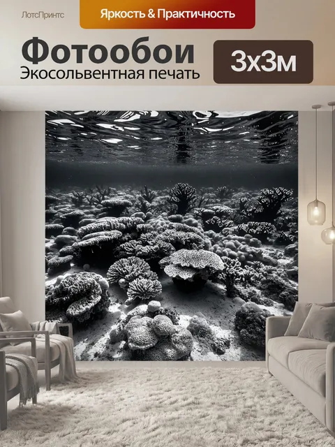 Фотообои море в стиле черно-белый, с рифами и яркими кораллами, отображенными в воде
