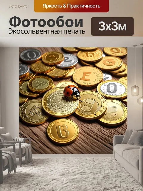Фотообои композиция, сочетающаяся в себе евро-монеты, разбросанные по деревянной поверхности, и божья коровка…