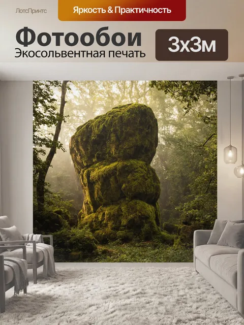 Фотообои камень: на фоне дремучего леса возвышается массивный скальный массив, покрытый мохом и лишайниками