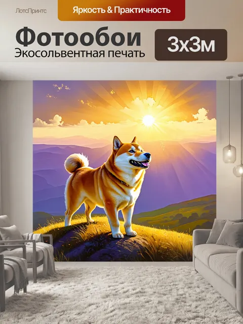 Фотообои улыбающаяся сиба ину стоит на вершине холма, смотря вдаль на закат