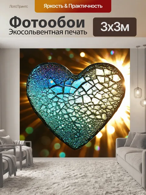 Фотообои сердце, выполненное из кусочков стекла, переливающегося на солнечном свете, с отражениями ярких красок и…