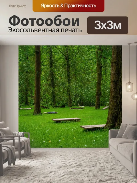 Фотообои лес с уютными местами для отдыха на траве
