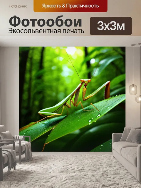 Фотообои изображение величественного богомола на фоне ярко-зеленого листвы в лесу