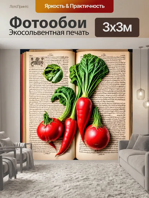 Фотообои красные овощи на фоне текста, который выглядит как текстура старинных книг