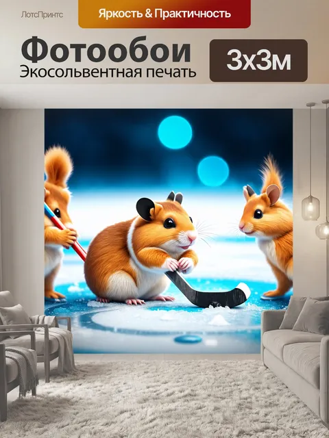 Фотообои хомяк, играющий в хоккей на льду с другими мелкими животными, создающий веселую атмосферу